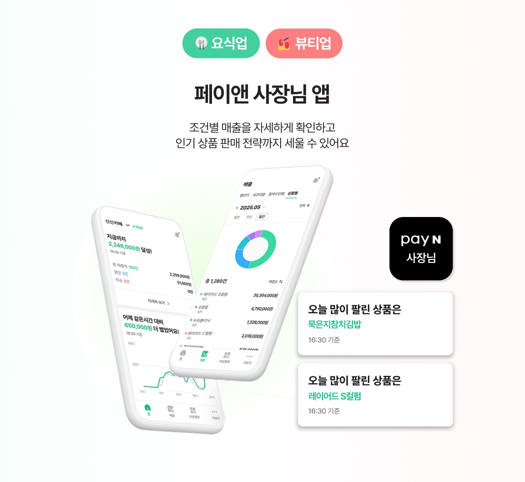 페이앤 사장님 앱-총 매출액, 같은 시간 대 매출 비교 그래프, 상품별 매출액. 메뉴탭-캘린더, 시간대별, 결제수단별, 상품별.