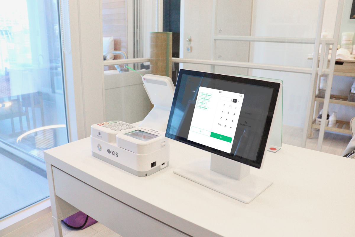 뷰티샵에 설치된 페이앤포스. 결제 할인 팝업창-단골고객 할인, 이벤트 할인, 직원할인, 스템프 할인