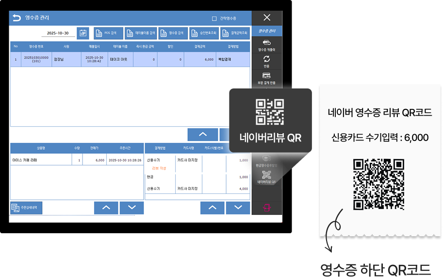 쌓이는 플레이스 리뷰의 비결. 고객이 쉽게 리뷰를 남길 수 있도록 리뷰 QR이 인쇄된 영수증을 출력할 수 있어요